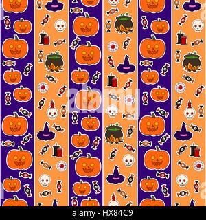 Seamless pattern with different objects for Halloween against a background of purple and orange stripes. Vector halloween background with stickers, pi Stock Vector