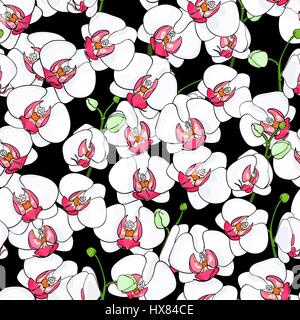 Seamless natural pattern of blooming white orchids with bright middle, on a black background. Phalaenopsis. Hand drawn vector illustration. Stock Vector