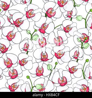 Seamless natural pattern of blooming white orchids with bright middle, on a white background. Phalaenopsis. Hand drawn vector illustration. Stock Vector