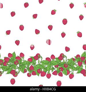 Seamless vector pattern with natural border of branches with ripe raspberry berries and berries arranged in a free style on a white background. Stock Vector
