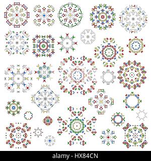 Set of isolated geometric patterns made of the traditional elements of the Chuvash culture. Ethnic pattern with black lines and colored fills. Vector  Stock Vector