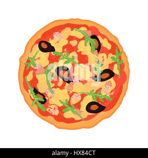 Flat Italian pizza with fish, mussels, arugula, shrimp and a variety of sauces. Hand drawn vector illustration. Stock Vector