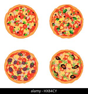 Set flat isolated pizza with different tastes. Italian pizza with mushrooms, salami, seafood and vegetables. Hand drawn vector illustration. Stock Vector