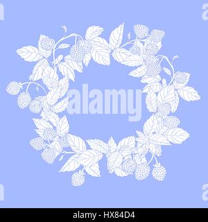 Round wreath or frame of raspberry on branches on a blue background. Raspberry painted blue lines and shaded in white. Wreath isolated from the backgr Stock Vector