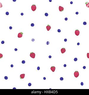 Seamless natural pattern of raspberries and blueberries on a white background. Elements of the pattern drawn by hand a dark outline and painted bright Stock Vector