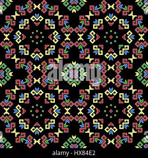Geometric seamless pattern with traditional elements of the Chuvash culture. Ethnic pattern with white lines and colored filling on a black background. Stock Vector