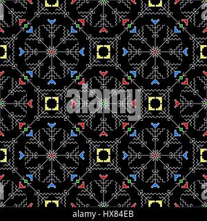 Geometric seamless pattern with traditional elements of the Chuvash culture. Ethnic pattern with white lines and colored filling on a black background. Stock Vector
