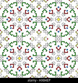 Geometric seamless pattern with traditional elements of the Chuvash culture. Ethnic pattern with black lines and colored fills. Vector illustration. Stock Vector