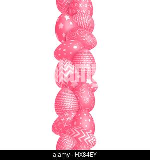 Seamless vertical Easter border of red eggs decorated with white patterns on a white background. Isolated. Vector illustration Stock Vector