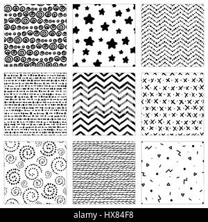 A set of hand-drawn vector seamless pattern of different elements in black on a white background. Stock Vector