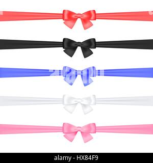 A set of satin ribbons tied in bows of different colors on a white background. Isolated. Vector illustration Stock Vector