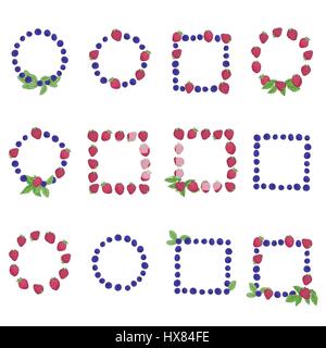 Set of berry frames on a white background. Berries and leaves are painted by hand. All frames are insulated from each other and the background. Vector Stock Vector
