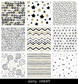 A set of hand-drawn vector seamless pattern of different elements of black and gold on a white background. Stock Vector