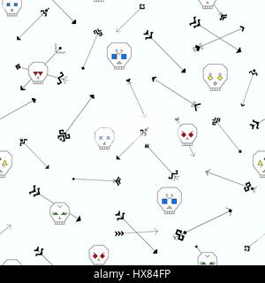 Seamless pattern with stylized skulls and arrows on a white background. Skull with different characters and colored eyes. Arrows painted using traditi Stock Vector