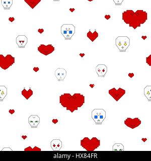 Seamless pattern with stylized skulls and hearts on a white background. Skull with different characters and colored eyes. Hearts of different shapes w Stock Vector