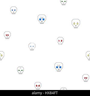 Seamless geometric pattern with stylized skull on a white background. Skull with different characters and colored eyes. Vector illustration Stock Vector