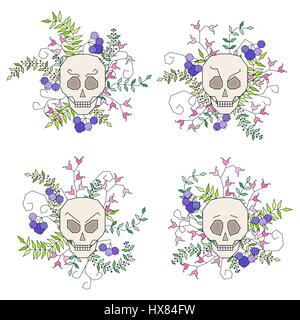 Set of isolated skull surrounded by flowers and twigs with leaves in geometric style. Vector illustration Stock Vector