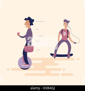 A solid man with coffee on the unicycle overtaken surprised teenager on a skateboard. New technologies in everyday life. Flat. Vector illustration. Stock Vector