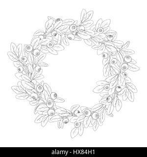 Round wreath or frame of blueberry with berries on a white background. The branches are painted dark tench and filled with white. Wreath isolated Stock Vector