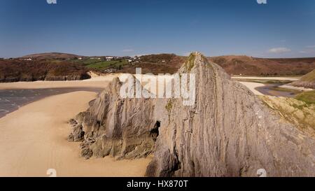 Dramatic Three Cliffs Bay on the Gower peninsula, Swansea, South Wales. Stock Photo