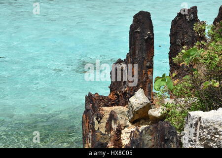 Burnt down structure remains on the water in Guam Stock Photo