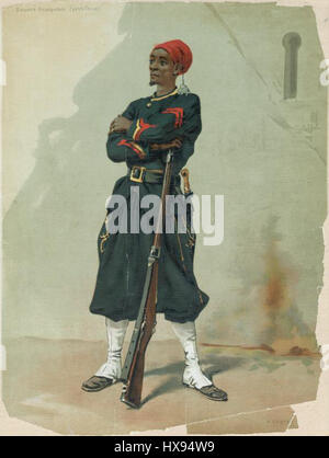 ‘Zouave Sénégalaise; petite Tenue’ depicts a French colonial soldier from Senegal in his traditional uniform, highlighting the cultural exchange and colonial history of the time. The artwork reflects the role of Senegalese soldiers in the French military. Stock Photo