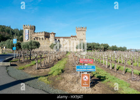 Panoramic view of Castello di Amorosa, a Tuscan castle and a winery located near Calistoga, California, in the heart of the Napa Valley, with unidenti Stock Photo