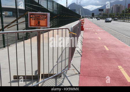 In the outer area of the Olympic Park, many areas already need repairs. Built to host most of the competitions during the Rio 2016 Olympic Games, the Olympic Park has been transformed into a leisure area and is under the management of the Brazilian Federal Ministry of Sports. However, the site remains mostly empty because few people use the space because of lack of structure. There are no public restrooms or drinking fountains for use by the public and not even places for food like foodtrucks or snack bars. Despite this, the place is very well taken care of, with private security guards and se Stock Photo