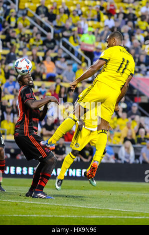 Columbus, USA. 25th March 2017. Columbus Crew SC forward Ola Kamara (11) attempts a header in the match between Portland Timbers and Columbus Crew SC at MAPFRE Stadium, in Columbus OH. Saturday, March 25, 2017. Final Score - Columbus Crew SC 3 - Portland Timbers 2 .Photo Credit: Dorn Byg/CSM/Alamy Live News Stock Photo