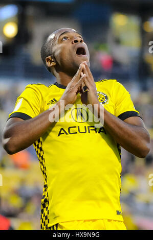 Columbus, USA. 25th March 2017. Columbus Crew SC forward Ola Kamara (11) reacts to missing a header during the match between Portland Timbers and Columbus Crew SC at MAPFRE Stadium, in Columbus OH. Saturday, March 25, 2017. Final Score - Columbus Crew SC 3 - Portland Timbers 2 .Photo Credit: Dorn Byg/CSM/Alamy Live News Stock Photo