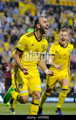 Columbus, USA. 25th March 2017. Columbus Crew SC forward Justin Meram (9) celebrates his goal in the match between Portland Timbers and Columbus Crew SC at MAPFRE Stadium, in Columbus OH. Saturday, March 25, 2017. Final Score - Columbus Crew SC 3 - Portland Timbers 2 .Photo Credit: Dorn Byg/CSM/Alamy Live News Stock Photo