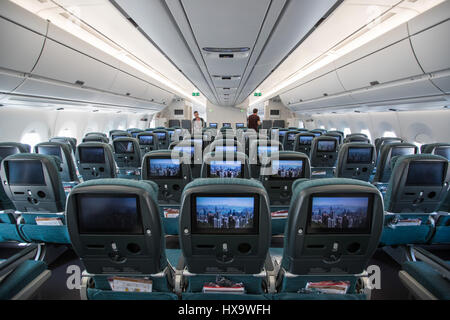 Tel Aviv, Israel. 26th Mar, 2017. Press visit the cabin of a Cathay Pacific Airbus A350-900 passenger jet at Ben Gurion International Airport, Israel, on March 26, 2017. Cathay Pacific launched Sunday a new flight route linking Hong Kong and Tel Aviv. The airline will run 4 flights weekly on this route with one additional flight every week during peak season. Credit: Guo Yu/Xinhua/Alamy Live News Stock Photo