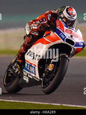 Doha, Qatar. 26th Mar, 2017. Ducati Team's Spanish rider Jorge Lorenzo steers his bike during the final race of the 2017 FIM MotoGP Grand Prix of Qatar at the Losail International Circuit in Doha, capital of Qatar, on March 26, 2017. Credit: Nikku/Xinhua/Alamy Live News Stock Photo