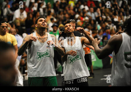 Chris Brown and Tyga attends the Sprite Celebrity Basketball Game during the 2014 BET Experience At L.A. LIVE on June 28, 2014 in Los Angeles, California.