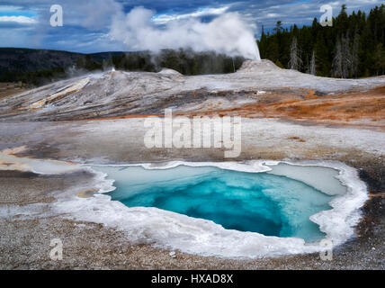 Heart Spring with Lion Gyser eruping. Yellowstone National Park, Wyoming Stock Photo