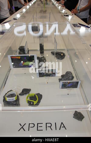 Berlin, Germany, September 3rd, 2014: Sony presents its recent devices on IFA Consumer Electronics Unlimited. Stock Photo