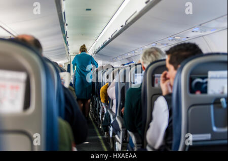 Aer Lingus stewardesses during service on a Birmingham (BHX) to Cork (ORK) regional flight aboard an ATR 72-600 propeller aircraft. Stock Photo