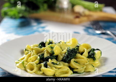 Turnip greens (collard greens) pasta (Italian Orecchiette alle cime di rapa) served in a white dish with fork on white and light blue placemat Stock Photo