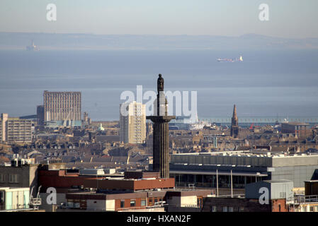 Henry Dundas statue  aerial panorama  from the castle of Edinburgh  over city to  St Andrews Square in the centre of Edinburgh melville monument colum