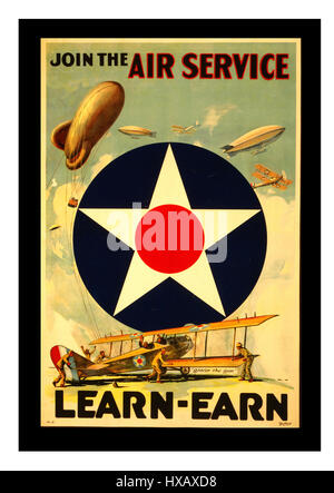 1900's Vintage recruitment American USA First World War Poster WW I Poster: Join the Air Service Learn-Earn Stock Photo