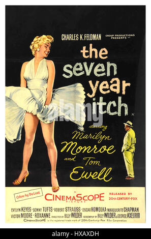 Retro 1950’s Vintage motion picture film cinema poster for Marilyn Monroe in 'The Seven Year Itch'  The Seven Year Itch is a 1955 American romantic comedy film based on a three- act play with the same name by George Axelrod. The film was co-written and directed by Billy Wilder, and stars Marilyn Monroe and Tom Ewell Stock Photo