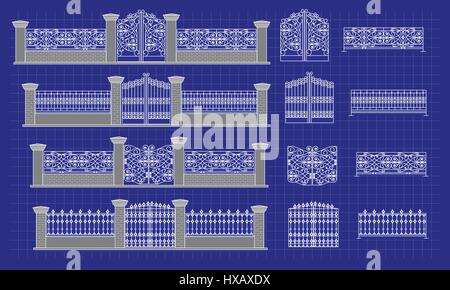 Architectural detail and blueprint of Fence, vector Stock Vector