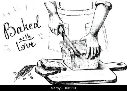 Vector illustration of a sketch on a topic of fresh bread. Hands cut bread. Done by hand in black and white. Isolated on white background Stock Vector