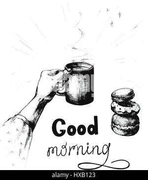 Vector illustration of a sketch on the theme of breakfast, lunch. Done by hand in black and white. Isolated on white background Stock Vector