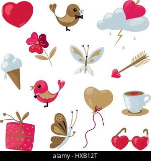 Vector set of icons on the theme of love. Isolated objects on a white background for Valentine's Celebration Stock Vector