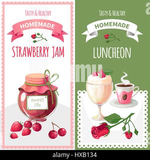 Vector set of two banners on the theme of domestic blank, sweets prepared with their own hands. Delicious strawberry jam. Morning light breakfast. Ice Stock Vector