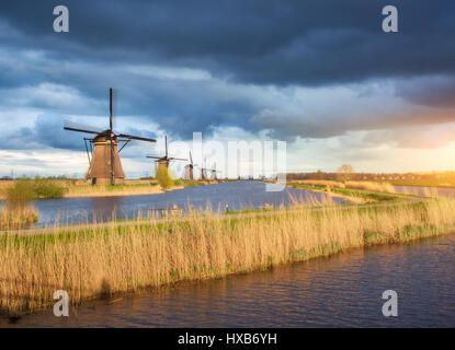 Amazing windmills. Rustic landscape with traditional dutch windmills near the water canals and blue cloudy sky and yellow sunlight. Colorful sunset in Stock Photo