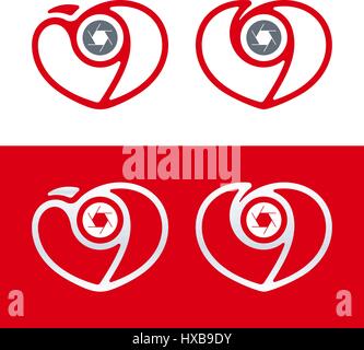 Heart and shutter shaped minimal photography logo design with love theme. Vector illustration icon templates. Stock Vector