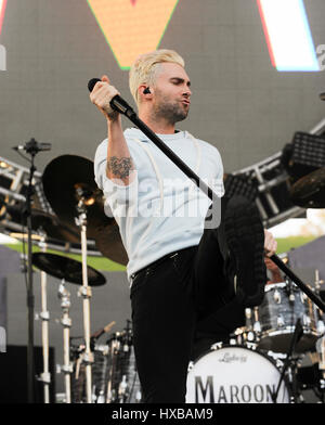 Adam Levine of Maroon 5 performs onstage during 102.7 KIIS FM's 2014 Wango Tango at StubHub Center on May 10, 2014 in Los Angeles, California. Stock Photo