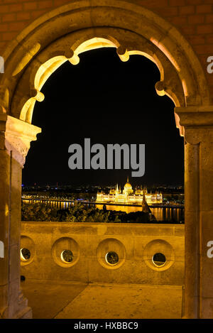 A view of the hungarian parliament at night from fishermen's bastion in budapest , hungary Stock Photo
